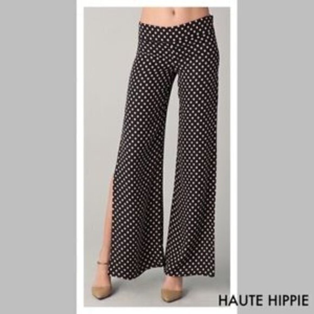 Haute Hippie Polka Dot Wide Leg Slit Leg Silk